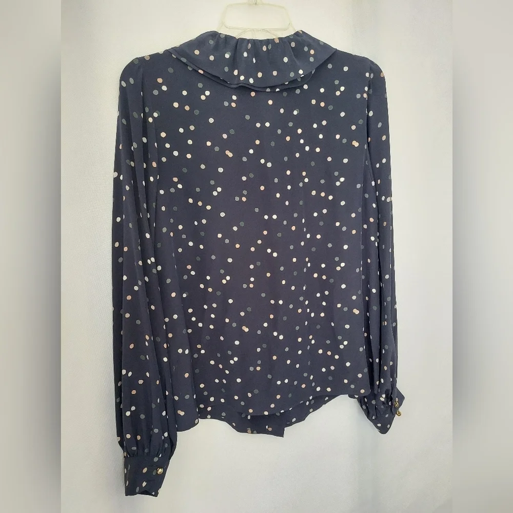 Kate Spade Lynette Navy Polka Dot Blouse with Ruffle Neck